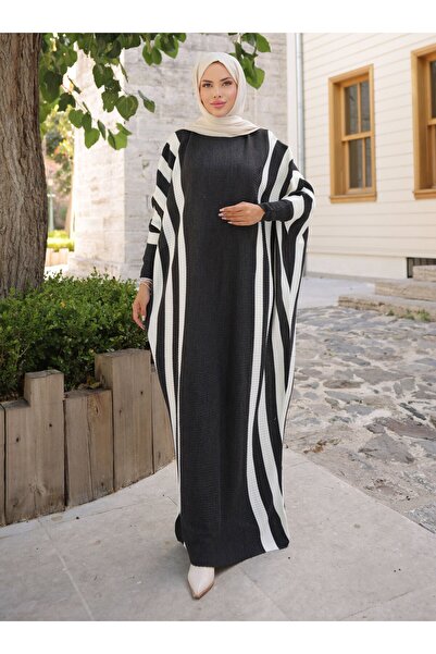 SAHRA BUTİK Striped Knitted Bat Dress - Anthracite -