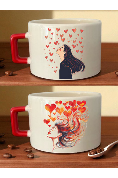 lili hediyelik Heart Women's Printed 2-Piece Coffee Cup Set - Women's Valenti...