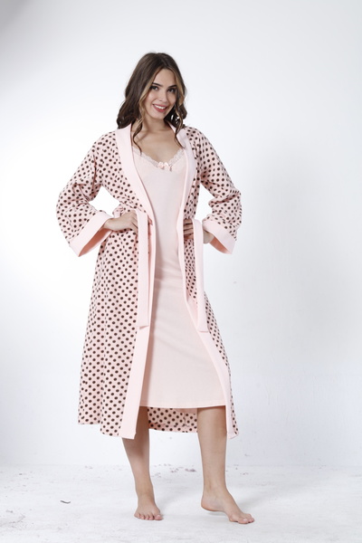 Miss Dünya Lissa Σετ ρόμπα και νυχτικό με χειμωνιάτικο φλις σομόν με σχέδιο πουά