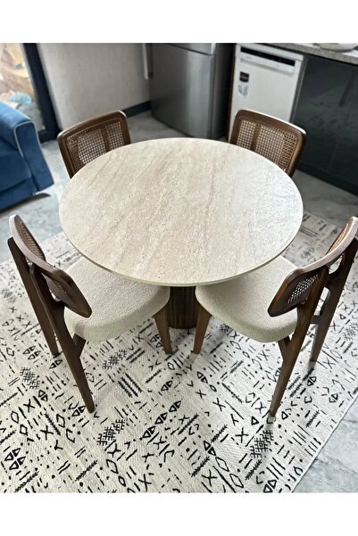 SEZBİL Ahşap Bohem Hasırlı Ceviz 4 adet Zion Sandalye 100 cm Yuvarlak Masa Takımı