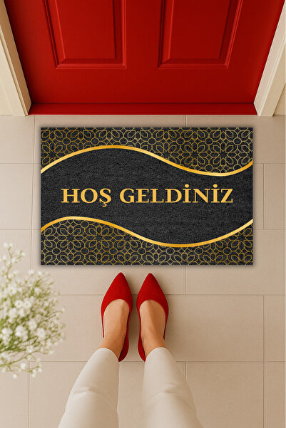 Dormot Yüksek Kaliteli Modern Dijital Baskı Gold Motifli Paspas 70x45cm - Çey...