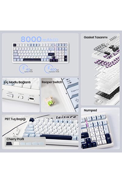 Aula F99 3 Modlu RGB Hot Swap Mekanik Reaper Switch Kablosuz Makrolu Klavye Lacivert