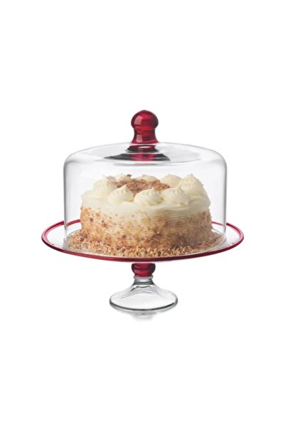 ORIAN Glass cake stand with clear glass cover and red frame