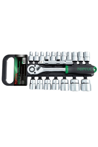 TOPTUL Set of 20 reversible ratchet sockets GABB2001, 1/2 inch square drive, extension