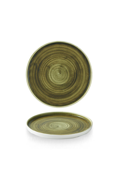 CHURCHILL Stonecast Plume Olive Walled Plate, 26 cm, White Base with Olive Green Swirl Pattern