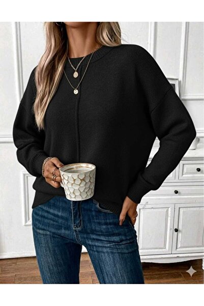 Bracha Crew Neck Long Sleeve Loose Model Woven Detailed Knitwear Sweater