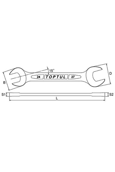 TOPTUL Double open-end wrench AAEJ0809, 8x9 mm opening wrench, length 145 mm, chrome vanadium, satin finish