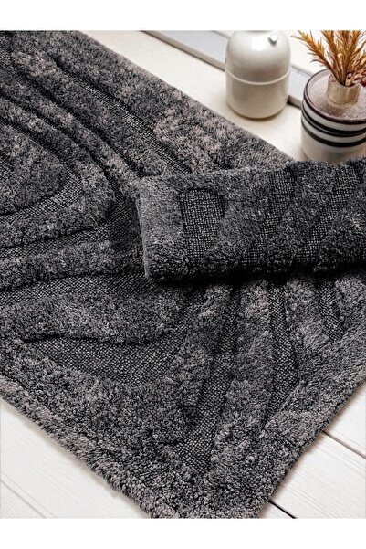 Evimle Pluvis Cotton Bath Mat Set (60X100)(50X60) Black-001