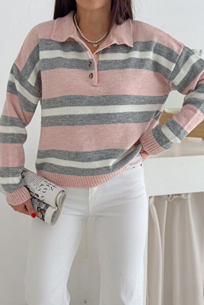 FEMELLE Light Pink Striped Knitwear Sweater Buttoned Polo Neck Off Shoulder Standard Size