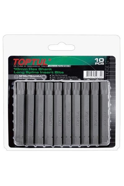 TOPTUL Set of 10 long screwdriver bits FSFB1205G, bi-hexagonal profile M5, length 75 mm
