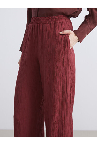LC Waikiki Red Elastic Waist Textured Wide Leg Women's Trousers