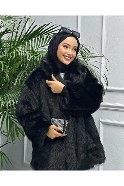 Hb Harma Time Butik معطف نسائي أسود مبطن بالقطيفة