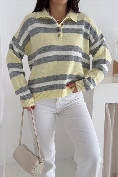 FEMELLE Tricotaj cu dungi galbene Pulover cu nasturi Guler polo cu umăr dezac...