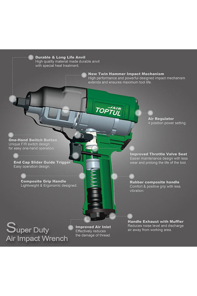 TOPTUL KAAJ1680 pistol, pneumatic impact, maximum torque 1085 Nm, 1/2 inch square drive, coupling