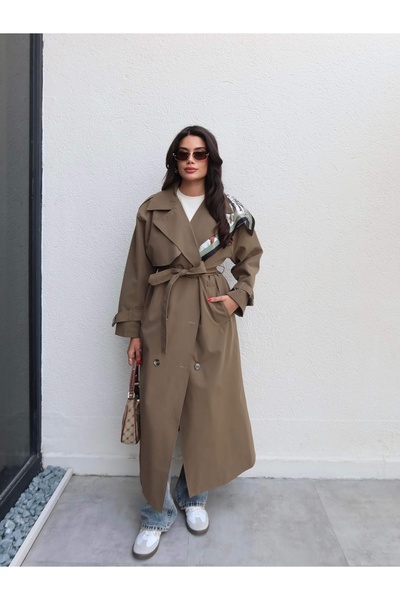 ESRAHELVACI Kruvaze Yaka Kemerli Uzun Trench