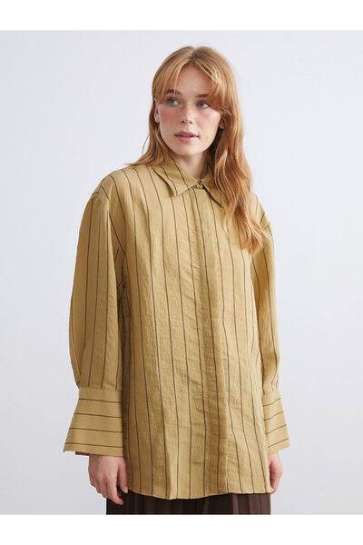 LC Waikiki Lcw Modest Green Striped Modal Blended Women's Shirt Tunic with Ne...