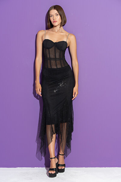 Kikiriki Black Tulle Bodysuit with Stone Straps