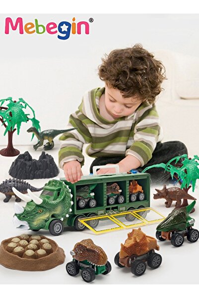 MEBEGIN 9 قطع من حاملة شاحنة الديناصورات مع صخرة واحدة وشجرتين وعش بيضة ديناص...