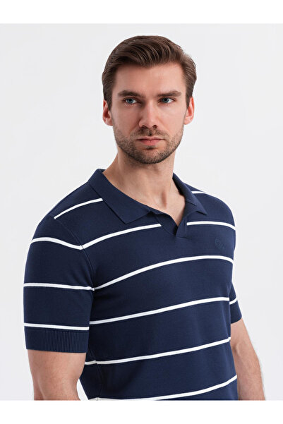 OMBRE Pánské polo tričko s horizontálními pruhy a viskózou - tmavě modré a bílé V1 OM-POSS-0145 XL