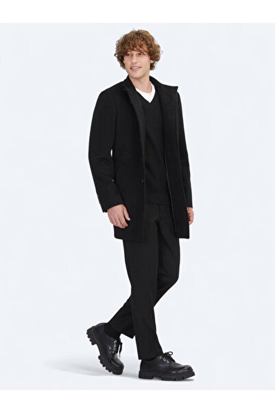Kip Siyah Regular Fit Dik Yaka Klasik Dokuma Palto