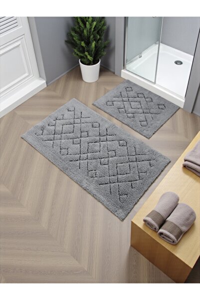 Evimle Mariveaa Cotton Bath Mat Set (60X100)(50X60)Grey+-+00