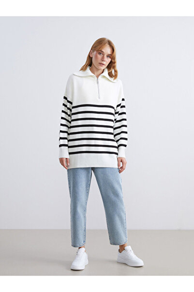 LC Waikiki New Season Stand Collar Striped Women's Knitwear Tunic