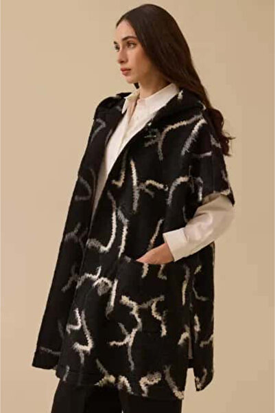 SEÇİL Women's Patterned Hooded Poncho with Pocket Detail - Black