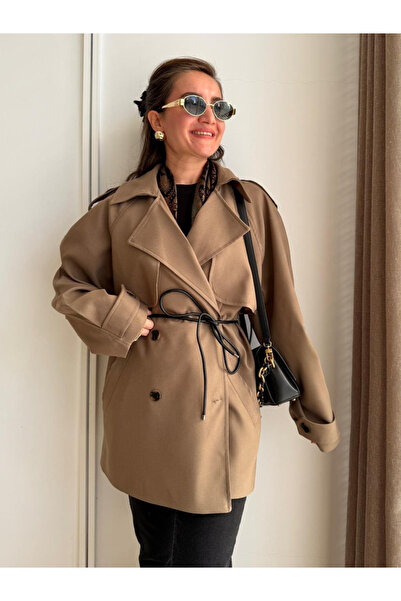 My Blog Khaki Allerli Leather Rope Belted Short Trench - 7488