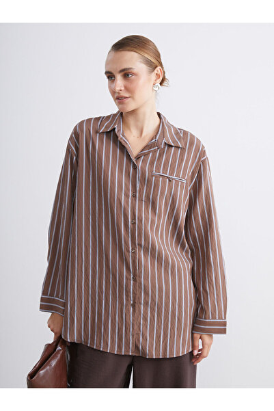 LC Waikiki Alita City Lcw Modest Brown Striped Women's Shirt Tunic with a Dif...