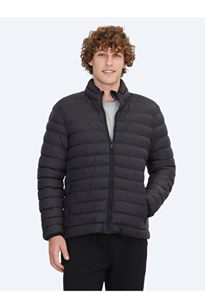 Kip Black Regular Fit Stand Collar Casual Woven Coat