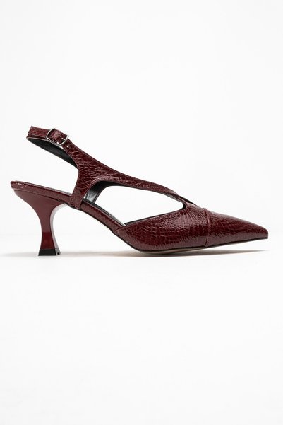 Lizy Shoes Burgundy - Snake Pattern Women's Open-Back Heeled Shoes