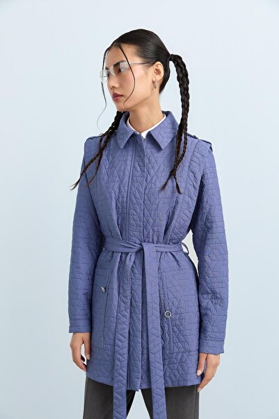 Nihan İnce Kapitone Halka Detaylı Ceket İndigo