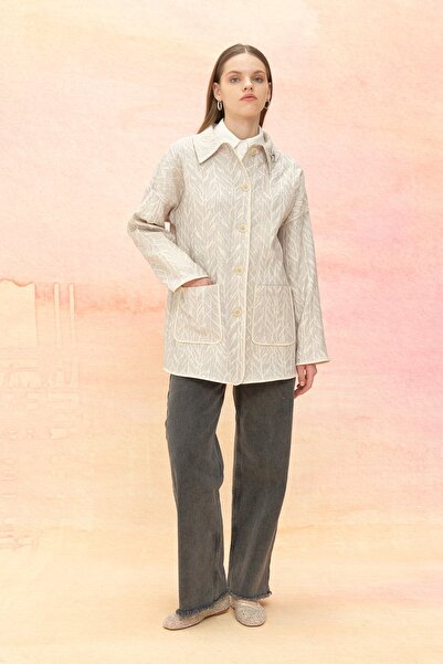 Nihan Broş Detaylı Jakar Ceket Gri