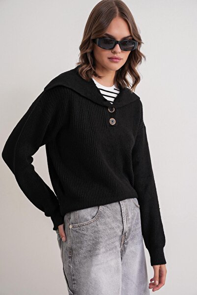 Mixray 6900 Women's Buttoned Turn-Down Collar Knit Sweater Black