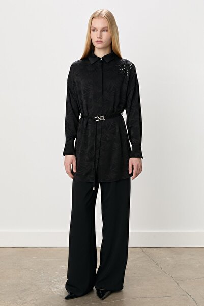 Nihan Taş Aksesuarlı Pantolon Tunik Viskon Takım Siyah