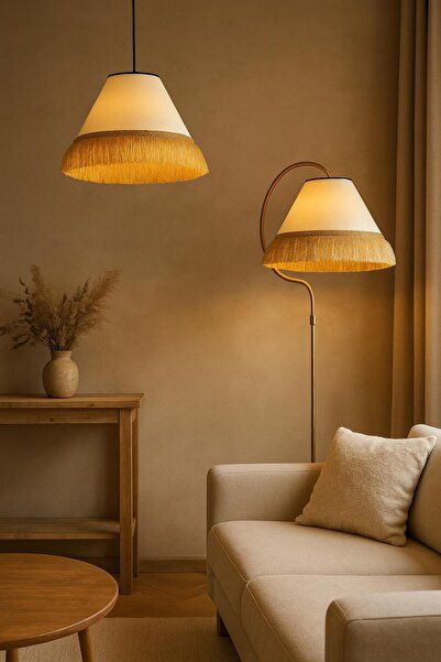 VENON Lambader + Tekli Sarkıt -- Çise Set Krem Sarı Patine Abajur Krem Şapka Bohem Tarzın Modern Hali