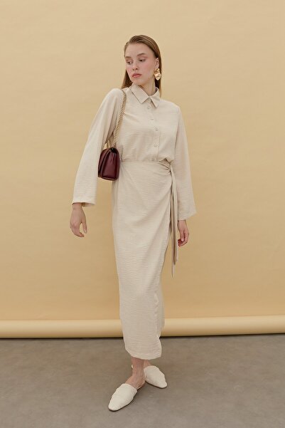 Nihan Keten Bağlamalı Kruvaze Etek Gömlek Takım Bej