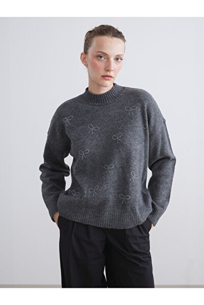 LC Waikiki Lcw Comfort Anthracite Crew Neck Embroidered Women's Knitwear Sweater