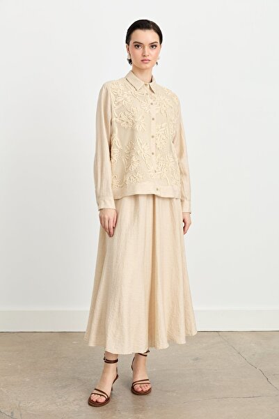 Nihan Brode Detaylı Etek Ceket Keten Takım Bej