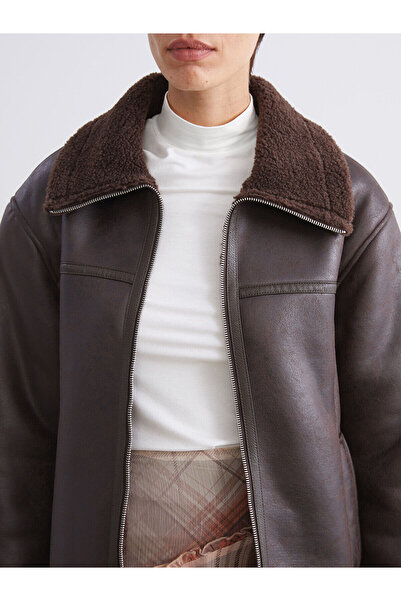 LC Waikiki Kahverengi Gömlek Yaka Kadın Süet Mont