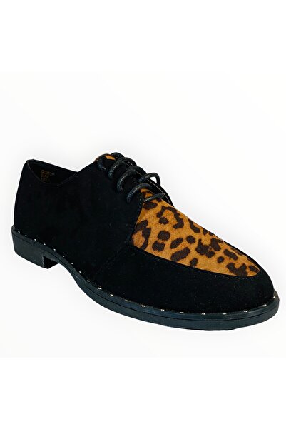 Dune London Pantofi Derby Femei Head Over Heels, Suedette Negru cu Print Leopard, Marimea 37 EU