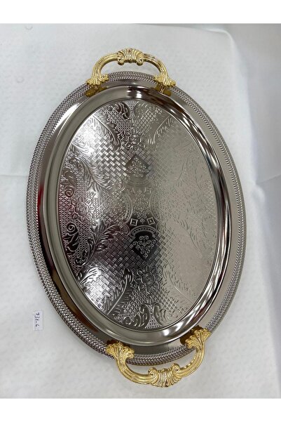 GÜRLEK TEKSTİL Sena Çikolata Tepsisi Oval Kabartmalı Gümüş Renk Büyük Servis Ölçüsü 33 x 44 Çikolata Tepsisi 731-6