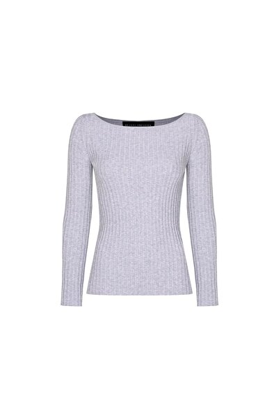 Beauty Omelette Gri Kayık Yaka Ribli Triko Kazak