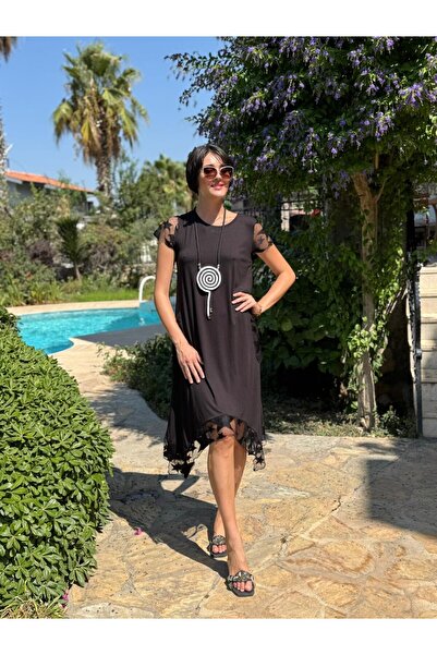 Punta Otantik FTY1001 Dantelli Yarım Kol Turlu Viskon Elbise Siyah