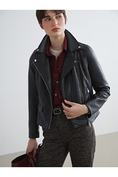 LC Waikiki LCW Vision Siyah Biker Yaka Kadın Deri Görünümlü Ceket W52565Z8