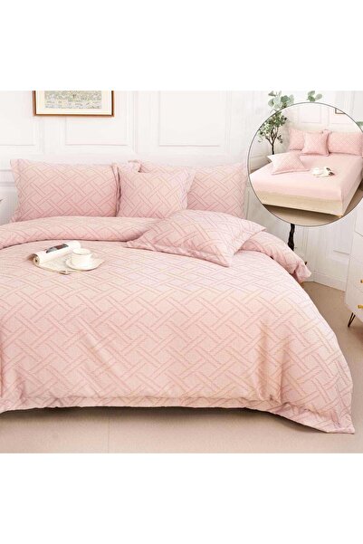 OEM Premium Embossed Bed Linen, 2 persons, 6 pieces, with elastic, pink, lines, LFG109