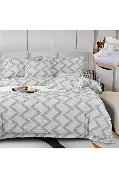 OEM Premium Embossed Bed Linen, 2 persons, 6 pieces, with elastic, gray, zigzag lines, LFG105