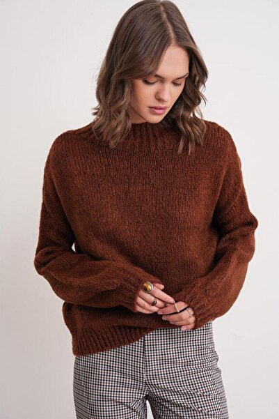 Mixray 6700 Γυναικείο πλεκτό πουλόβερ με ψηλό γιακά με μπαλόνι κανέλα