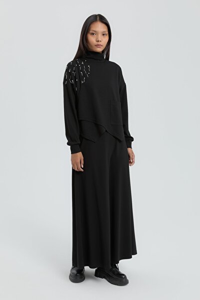 Nihan Asimetrik Detaylı Etek Bluz Takım Siyah