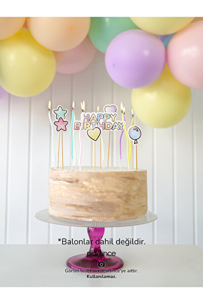 partince Happy Birthday Yazılı Pasta Süsü Cake Topper ve Spiral Mum Doğum Gün...